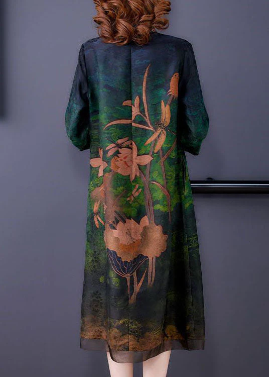 Women Green Embroideried Patchwork Zippered Silk Dresses Bracelet Sleeve - Image 5