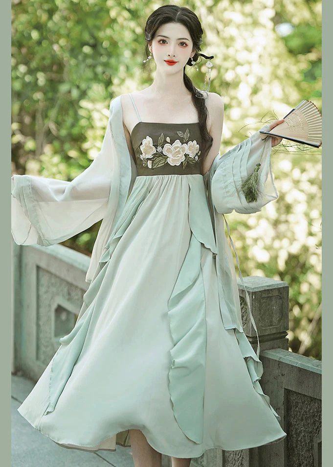 Women Green Embroideried Ruffled Cardigans And Spaghetti Strap Dress Chiffon Two Pieces Set Fall - Image 3