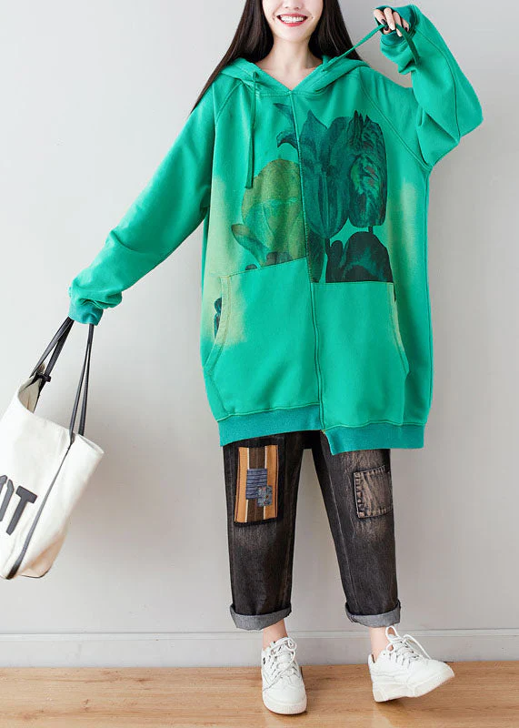 Women Green Hooded drawstring pockets asymmetrical design Print Sweatshirt dresses Spring - Image 3