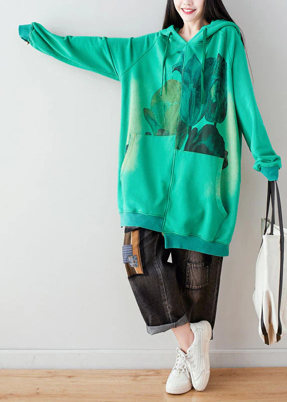 Women Green Hooded drawstring pockets asymmetrical design Print Sweatshirt dresses Spring - Image 4