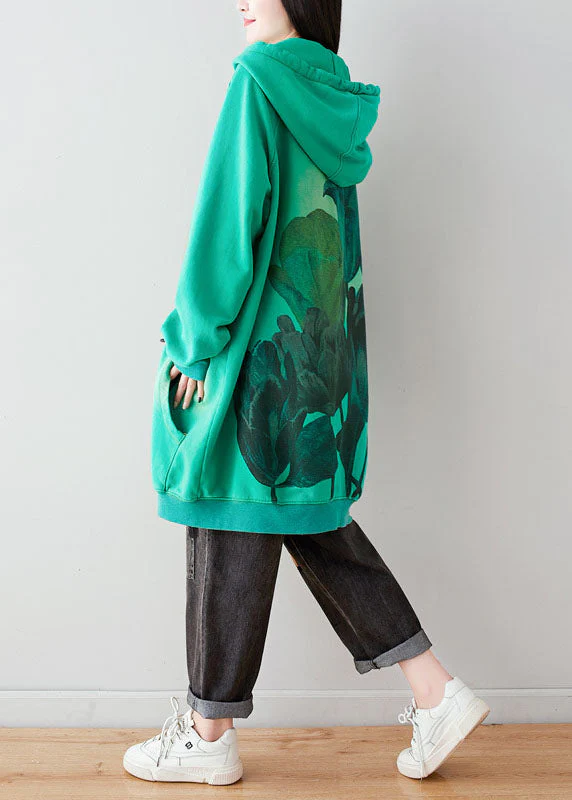 Women Green Hooded drawstring pockets asymmetrical design Print Sweatshirt dresses Spring - Image 5