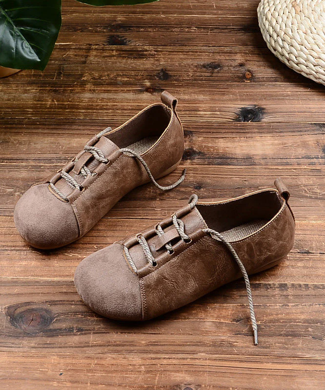 Women Green Lace Up Splicing Faux Leather Flat Shoes - Image 2