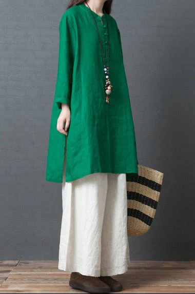 Women Blue Flowers linen outfit Casual Fabrics Chinese Button short side open Dress - Image 2