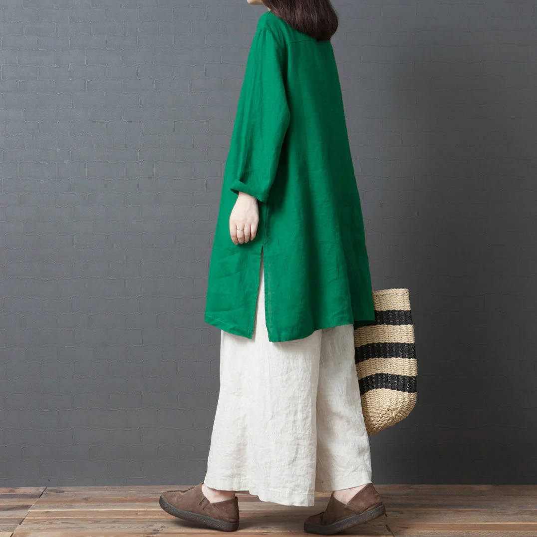 Women Blue Flowers linen outfit Casual Fabrics Chinese Button short side open Dress - Image 4