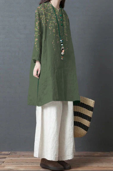 Women Blue Flowers linen outfit Casual Fabrics Chinese Button short side open Dress - Image 7