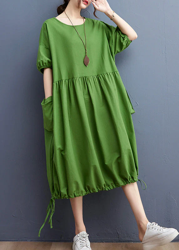Women Green O-Neck Cinched drawstring pocket Vacation Dresses Short Sleeve - Image 2