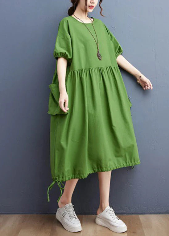 Women Green O-Neck Cinched drawstring pocket Vacation Dresses Short Sleeve - Image 3