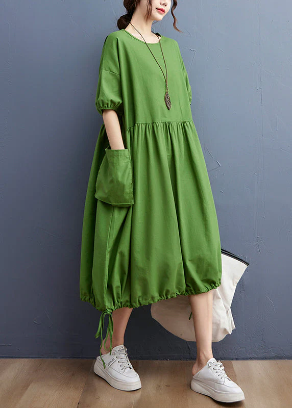 Women Green O-Neck Cinched drawstring pocket Vacation Dresses Short Sleeve - Image 4