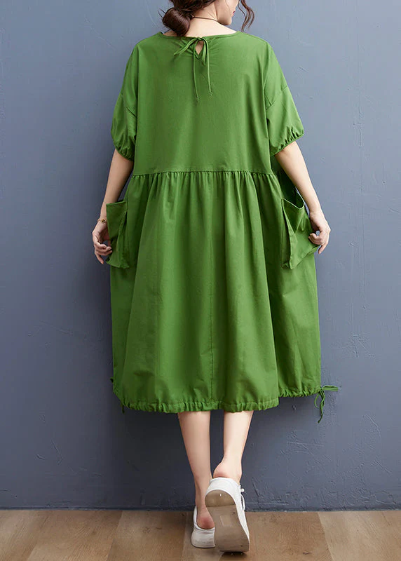 Women Green O-Neck Cinched drawstring pocket Vacation Dresses Short Sleeve - Image 5