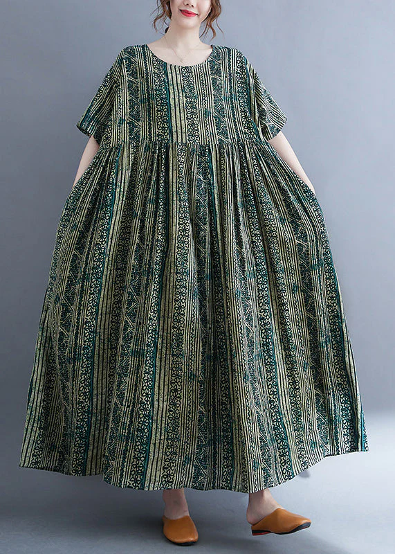 Women Green O-Neck Cinched Print Extra large hem Long Dresses Short Sleeve - Image 2