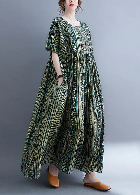 Women Green O-Neck Cinched Print Extra large hem Long Dresses Short Sleeve - Image 3