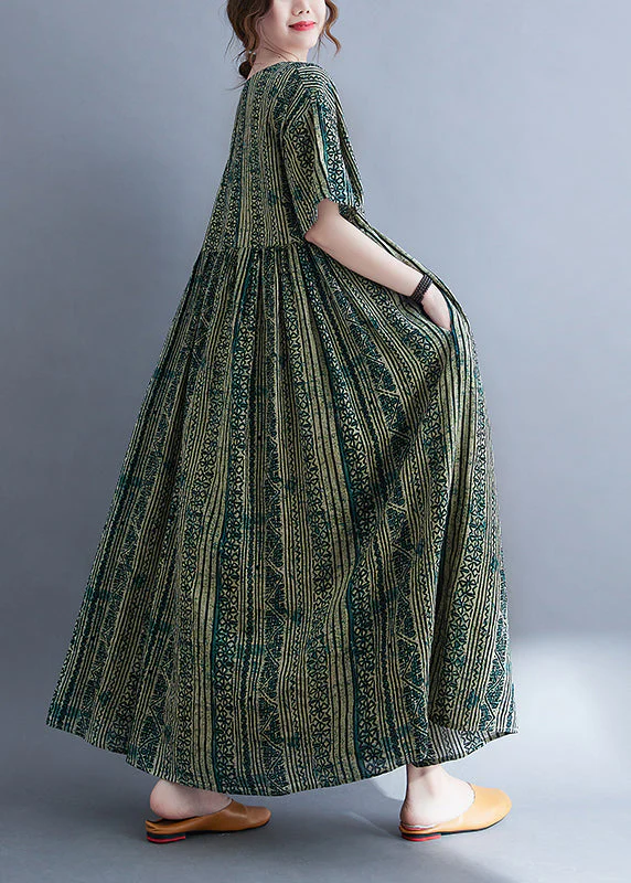 Women Green O-Neck Cinched Print Extra large hem Long Dresses Short Sleeve - Image 4