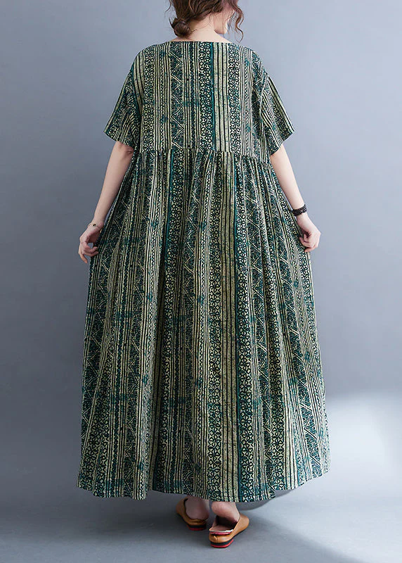 Women Green O-Neck Cinched Print Extra large hem Long Dresses Short Sleeve - Image 5