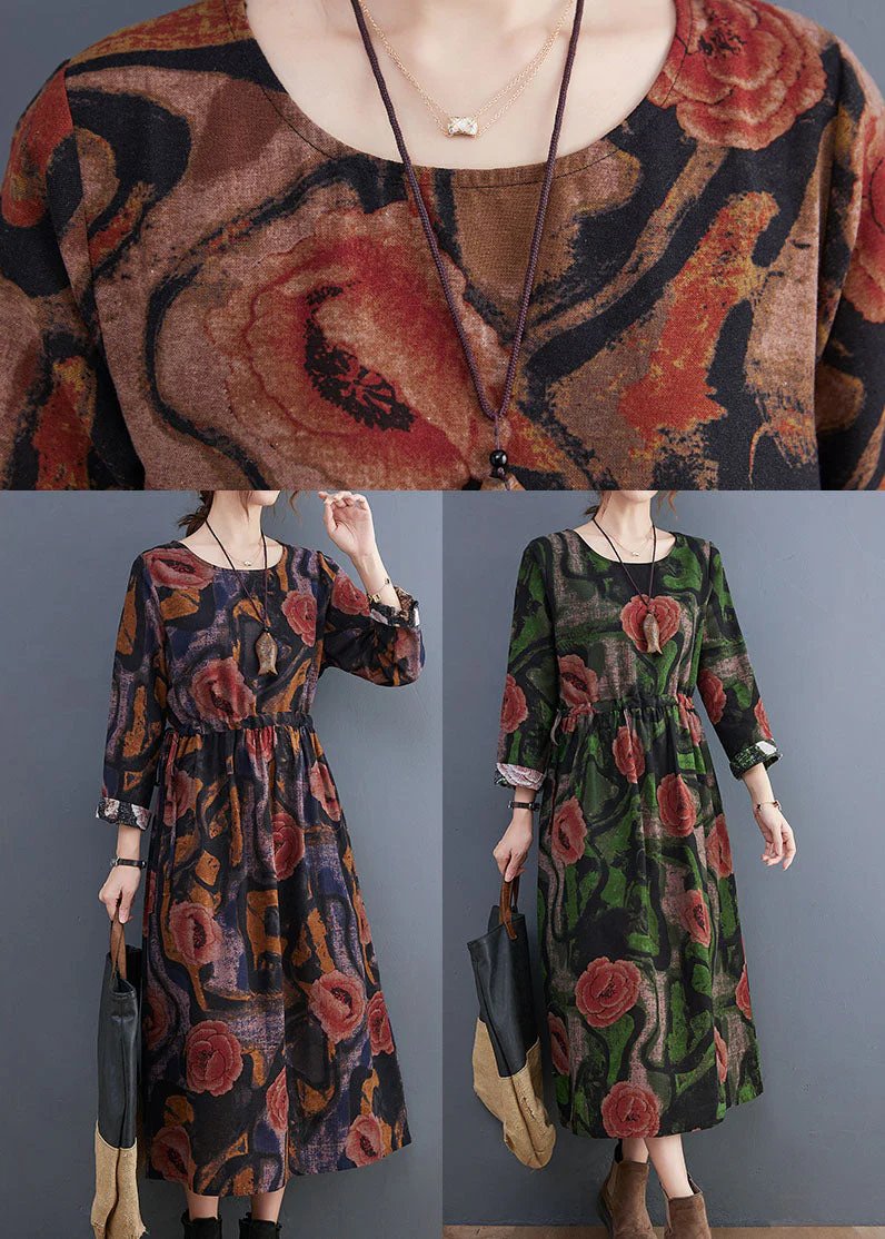 Women Green O-Neck Floral Print Cotton Long Dress Long Sleeve - Image 5