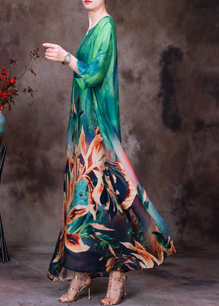Women Green O-Neck Oversized Print Pockets Silk Beach Dresses Bracelet Sleeve - Image 2