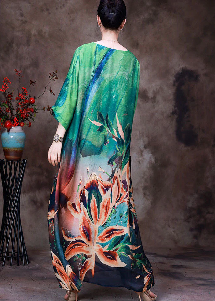 Women Green O-Neck Oversized Print Pockets Silk Beach Dresses Bracelet Sleeve - Image 3