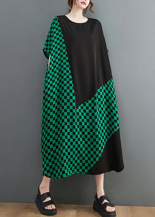 Women Green O-Neck Patchwork Extra large hem Vacation Dresses Short Sleeve - Image 2