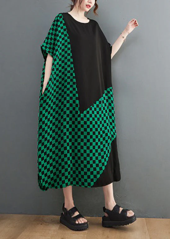 Women Green O-Neck Patchwork Extra large hem Vacation Dresses Short Sleeve - Image 4