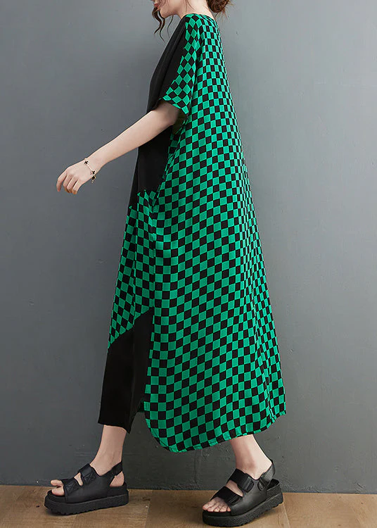 Women Green O-Neck Patchwork Extra large hem Vacation Dresses Short Sleeve - Image 5