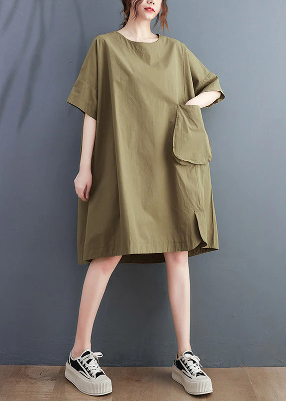 Women Green O-Neck Patchwork Solid Cotton Maxi Dresses Summer - Image 3
