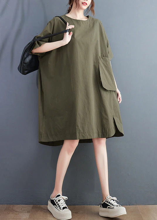 Women Green O-Neck Patchwork Solid Cotton Maxi Dresses Summer - Image 4