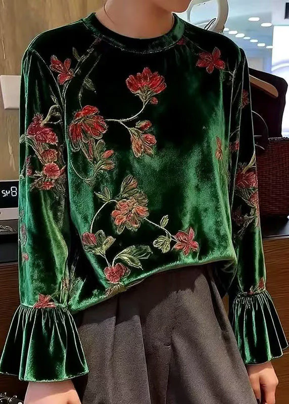 Women Green O Neck Print Patchwork Velour Blouses Spring