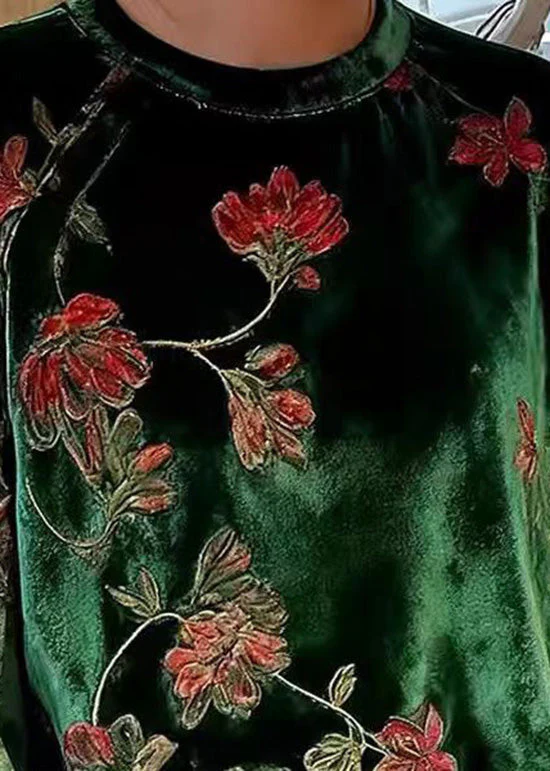 Women Green O Neck Print Patchwork Velour Blouses Spring - Image 2
