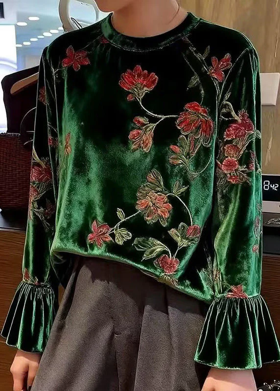 Women Green O Neck Print Patchwork Velour Blouses Spring - Image 3