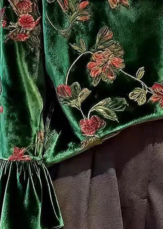 Women Green O Neck Print Patchwork Velour Blouses Spring - Image 4