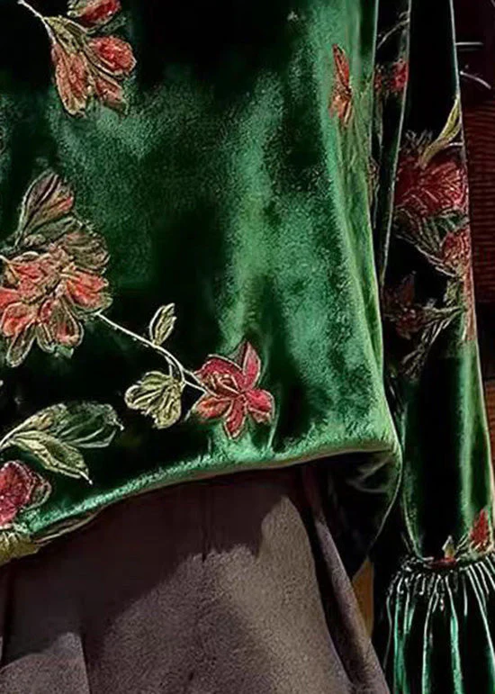 Women Green O Neck Print Patchwork Velour Blouses Spring - Image 5