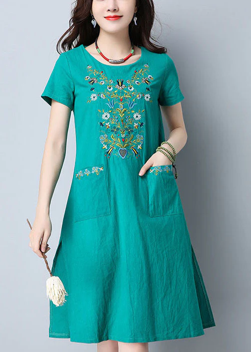 Women Green O-Neck Side Open Embroideried Pockets Cotton Dresses Short Sleeve