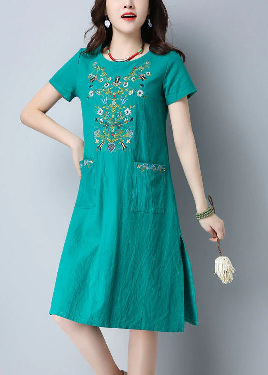 Women Green O-Neck Side Open Embroideried Pockets Cotton Dresses Short Sleeve - Image 2