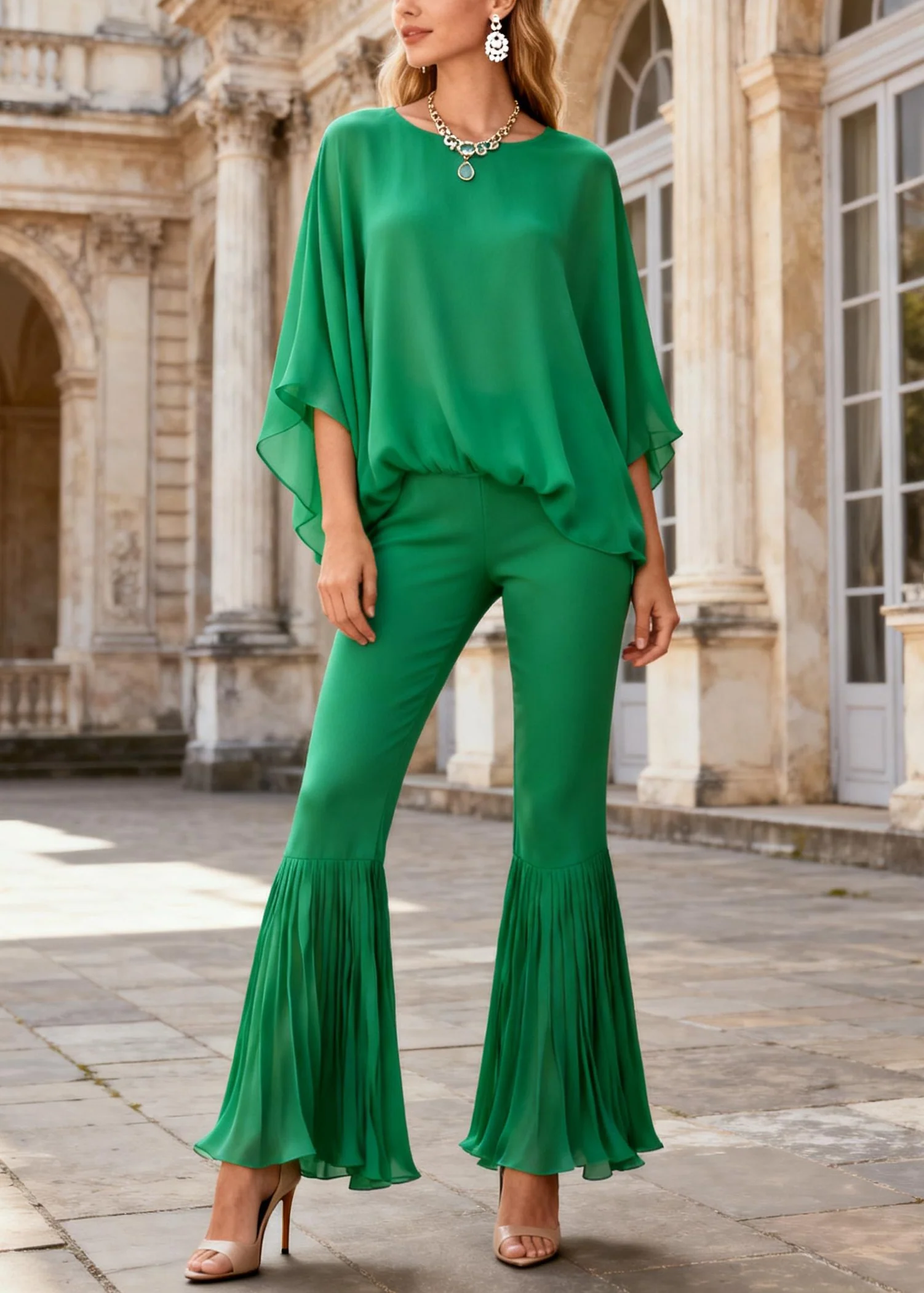 Women Green O Neck Tops And Wrinkled Flare Bottoms Cotton Two Pieces Set Batwing Sleeve - Image 3