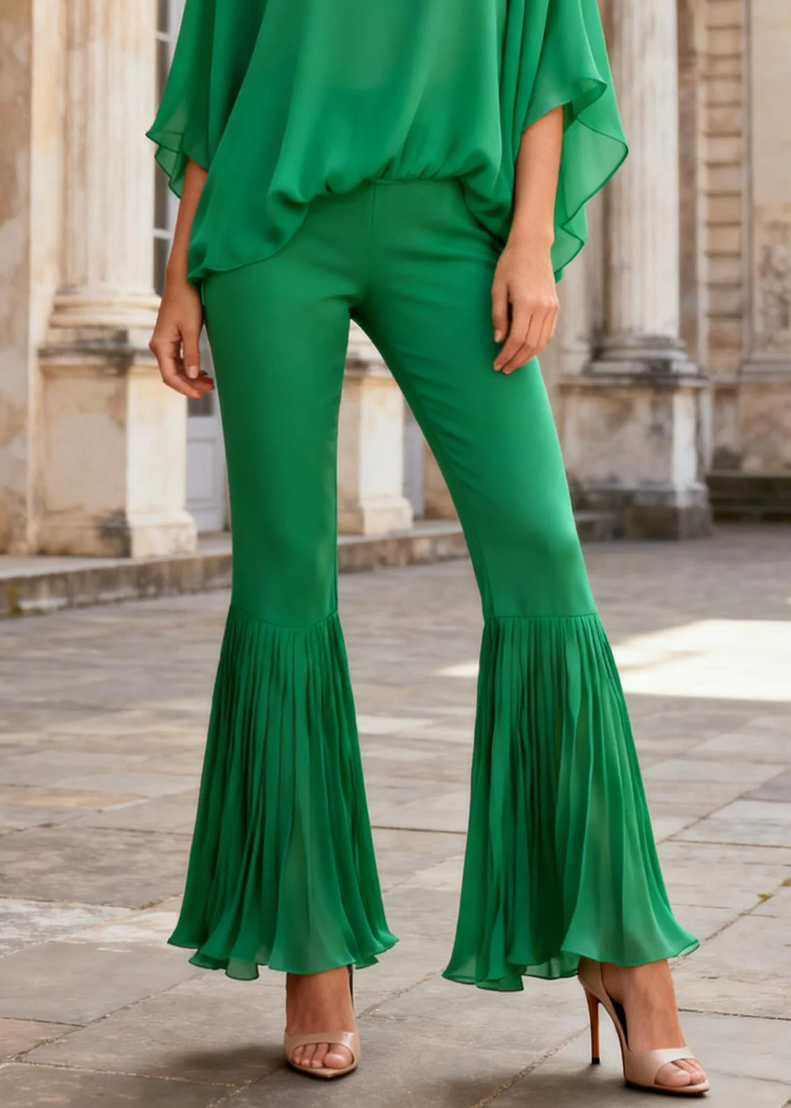 Women Green O Neck Tops And Wrinkled Flare Bottoms Cotton Two Pieces Set Batwing Sleeve - Image 4