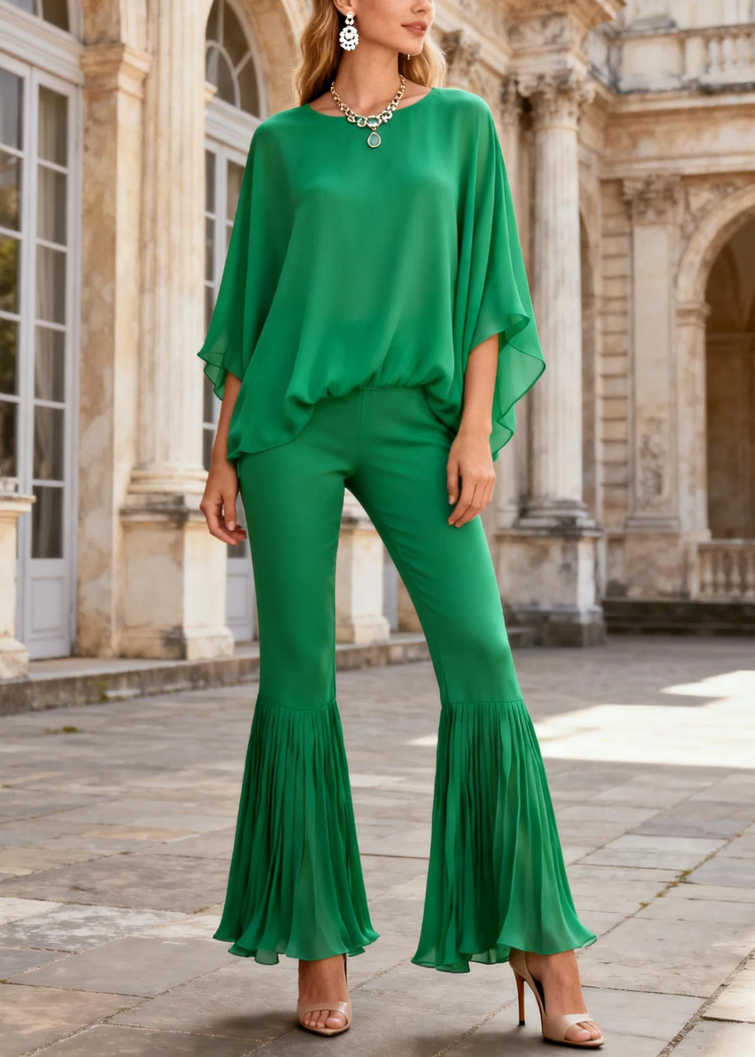 Women Green O Neck Tops And Wrinkled Flare Bottoms Cotton Two Pieces Set Batwing Sleeve - Image 5
