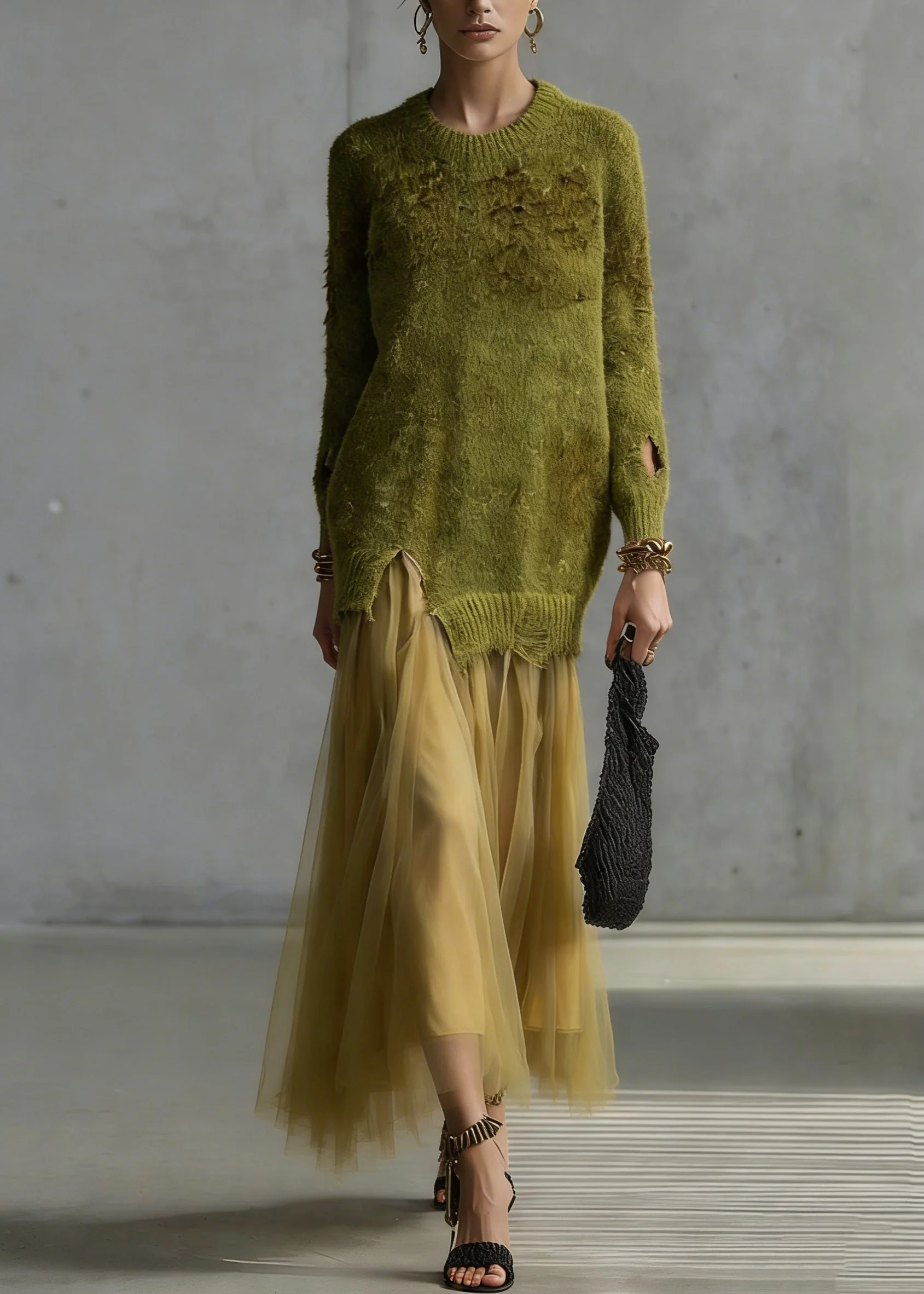 Women Green O Neck Tulle Patchwork Knit Dresses Spring - Image 5