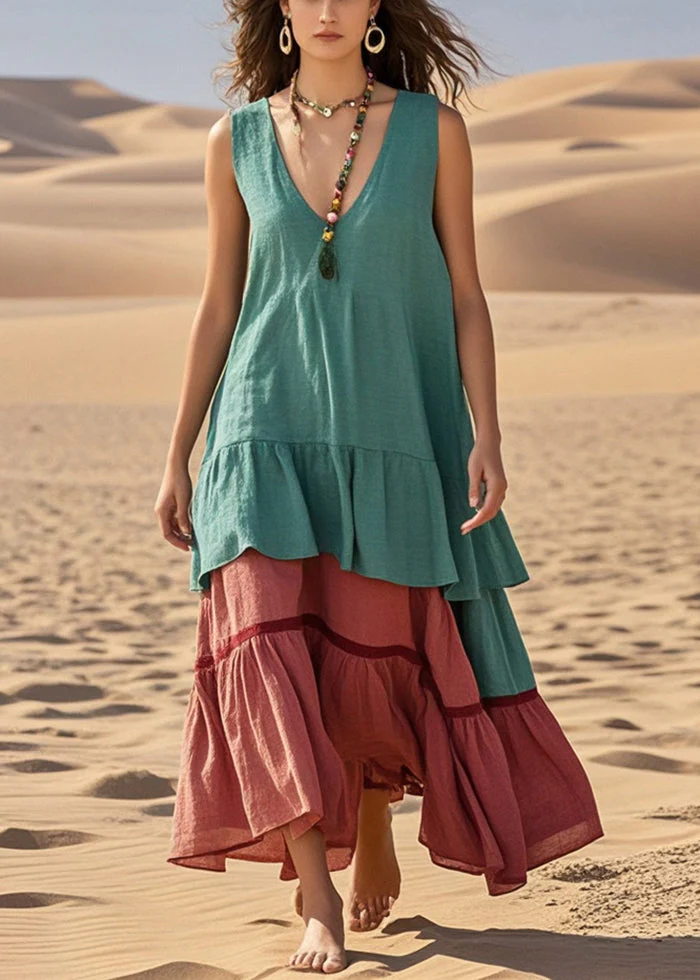 Women Green Oversized Patchwork Cotton Ankle Dress Summer - Image 3