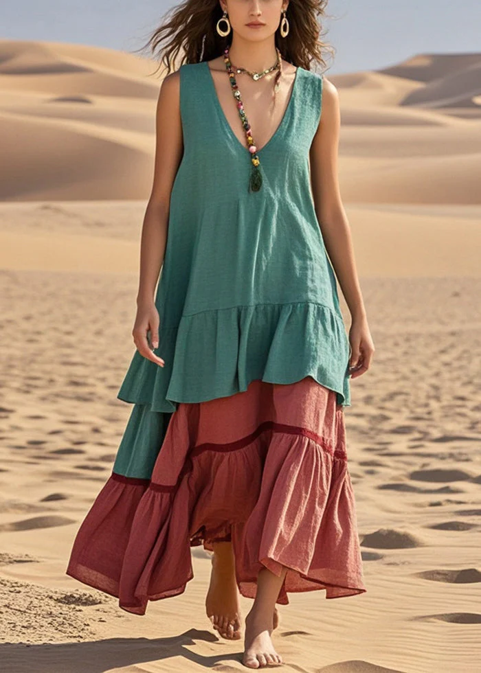 Women Green Oversized Patchwork Cotton Ankle Dress Summer - Image 5