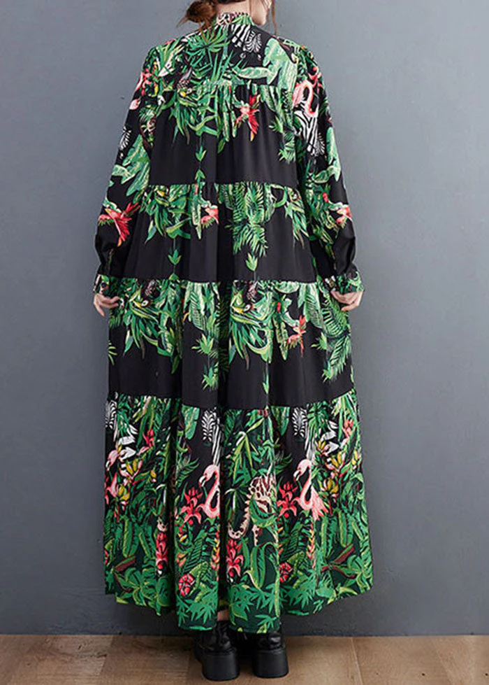 Women Green Oversized Patchwork Exra Large Hem Cotton Holiday Dress Spring - Image 5
