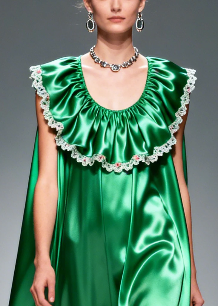 Women Green Oversized Patchwork Flower Lace Silk Maxi Dresses Sleeveless - Image 2