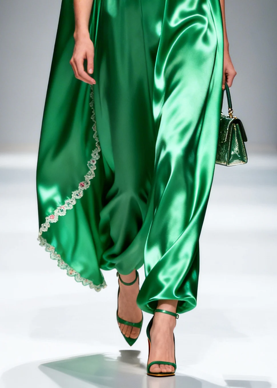 Women Green Oversized Patchwork Flower Lace Silk Maxi Dresses Sleeveless - Image 4