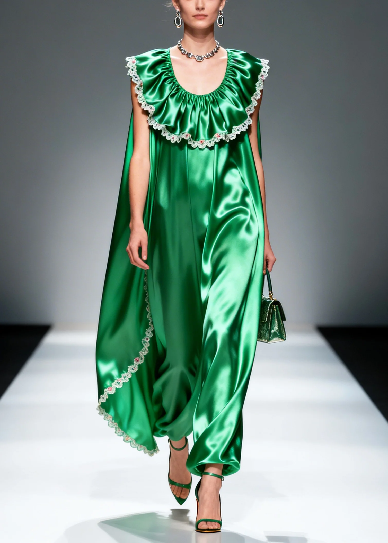 Women Green Oversized Patchwork Flower Lace Silk Maxi Dresses Sleeveless - Image 5