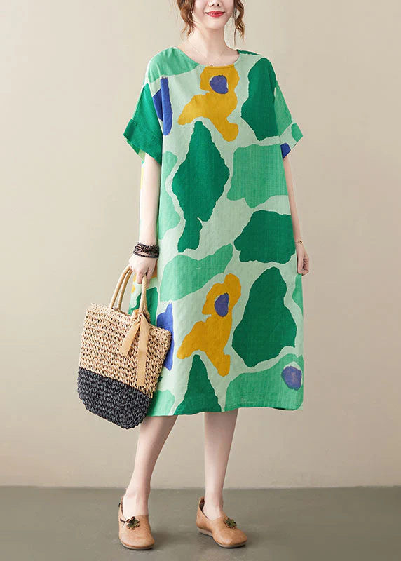 Women Green Oversized Print Cotton Vacation Dresses Summer - Image 2