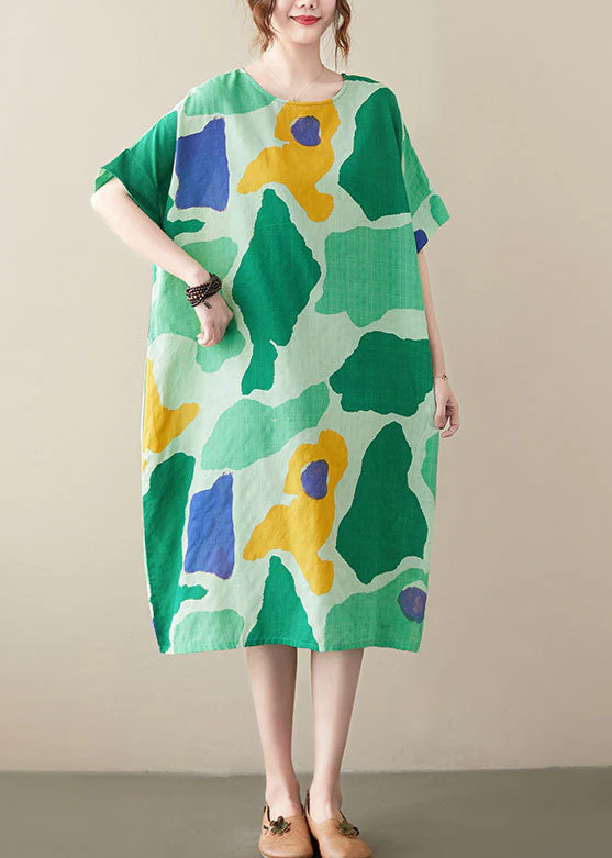 Women Green Oversized Print Cotton Vacation Dresses Summer - Image 3