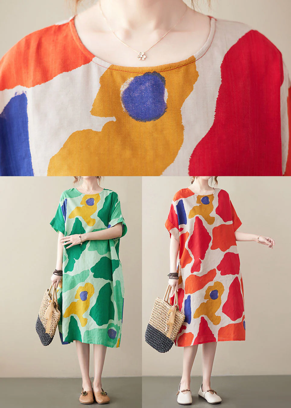 Women Green Oversized Print Cotton Vacation Dresses Summer - Image 5