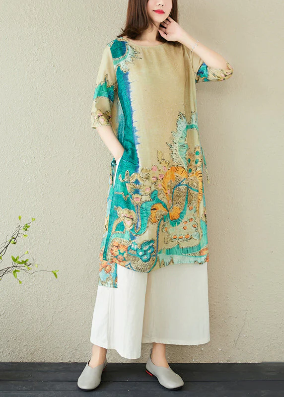 Women Green Oversized Print Linen Dress Summer - Image 2