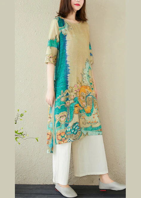Women Green Oversized Print Linen Dress Summer - Image 3