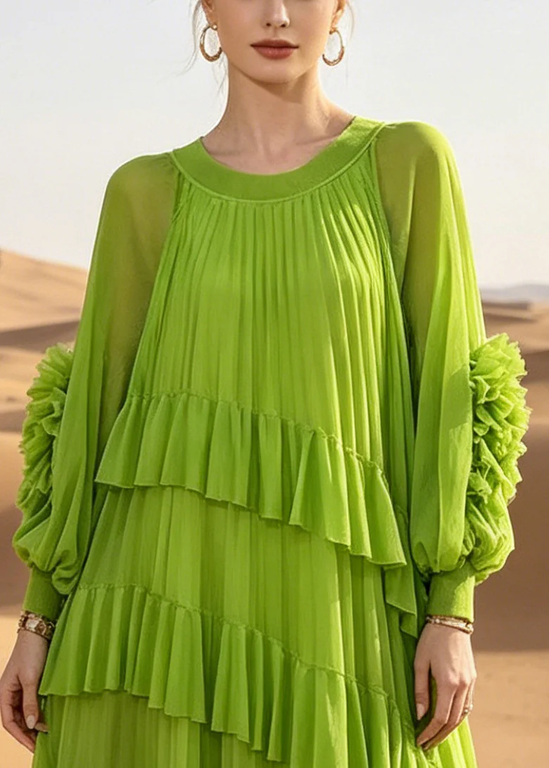 Women Green Oversized Ruffles Chiffon Vacation Dress Summer - Image 2