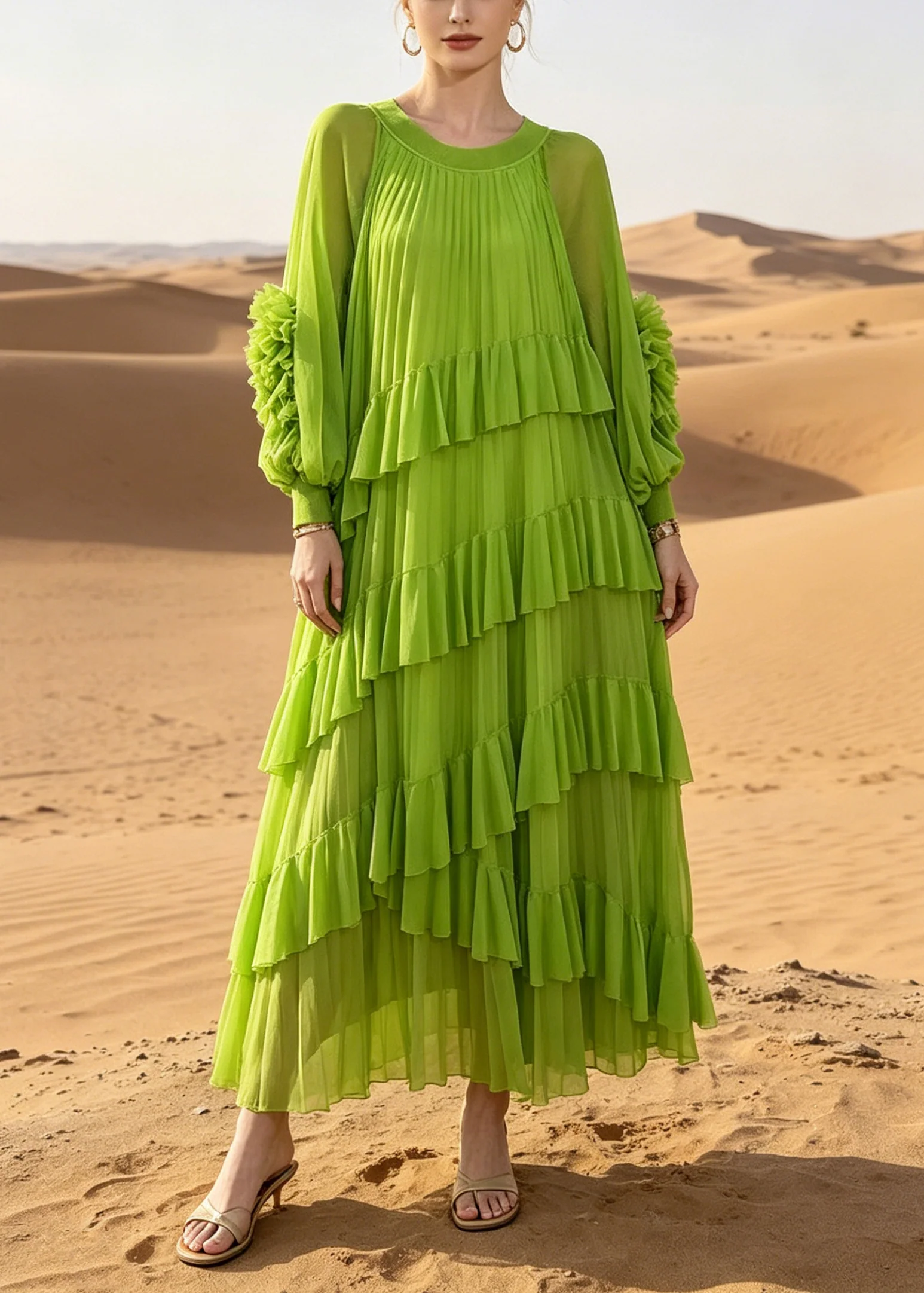 Women Green Oversized Ruffles Chiffon Vacation Dress Summer - Image 3