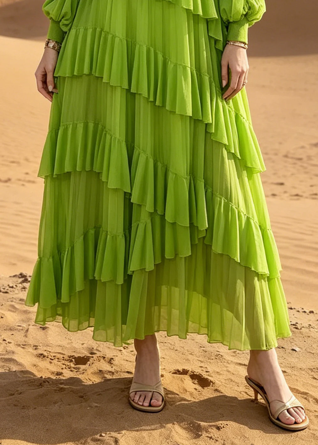 Women Green Oversized Ruffles Chiffon Vacation Dress Summer - Image 4